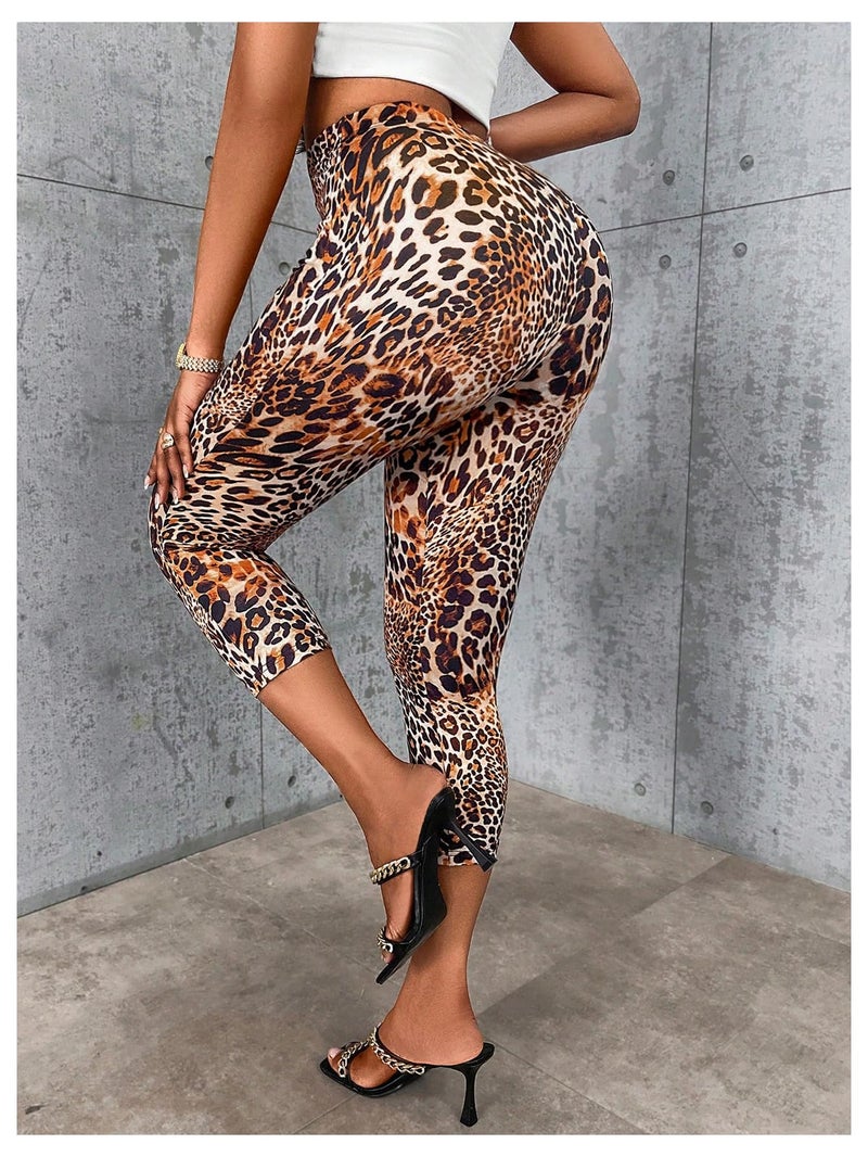 Floerns Women's Cheetah Leggings Yoga Tummy Control Workout Running Cropped Leggings Brown Large - Image 2