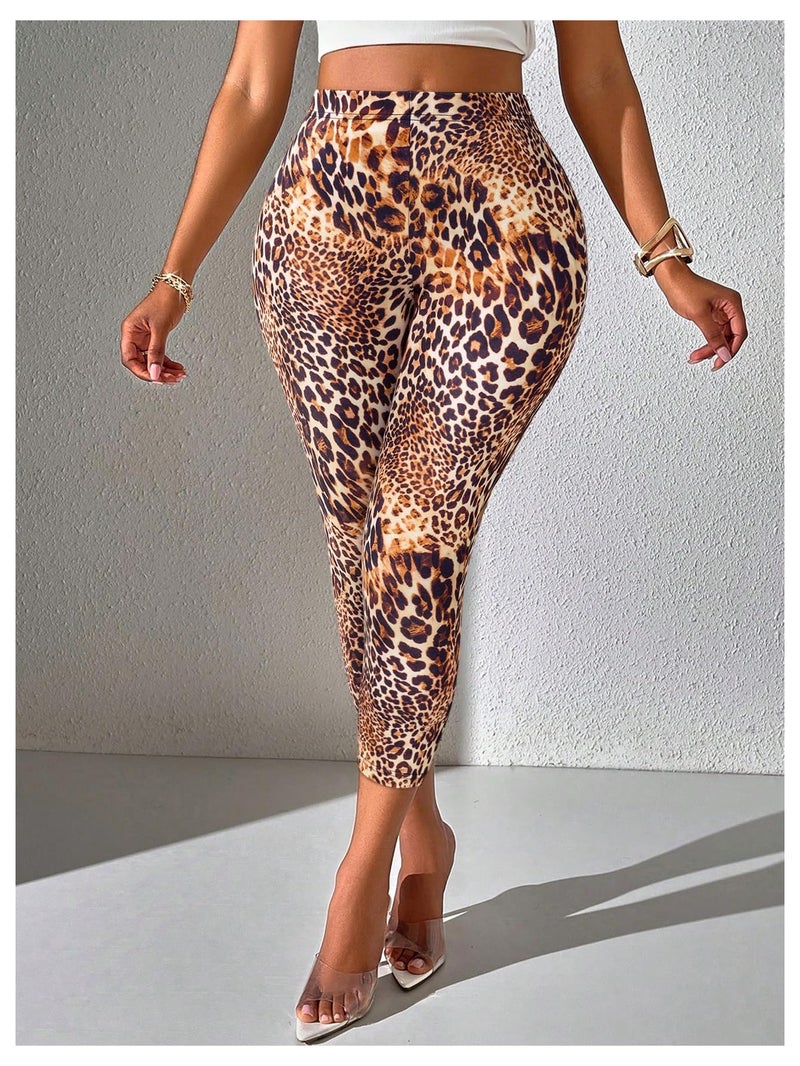 Floerns Women's Cheetah Leggings Yoga Tummy Control Workout Running Cropped Leggings Brown Large - Image 3