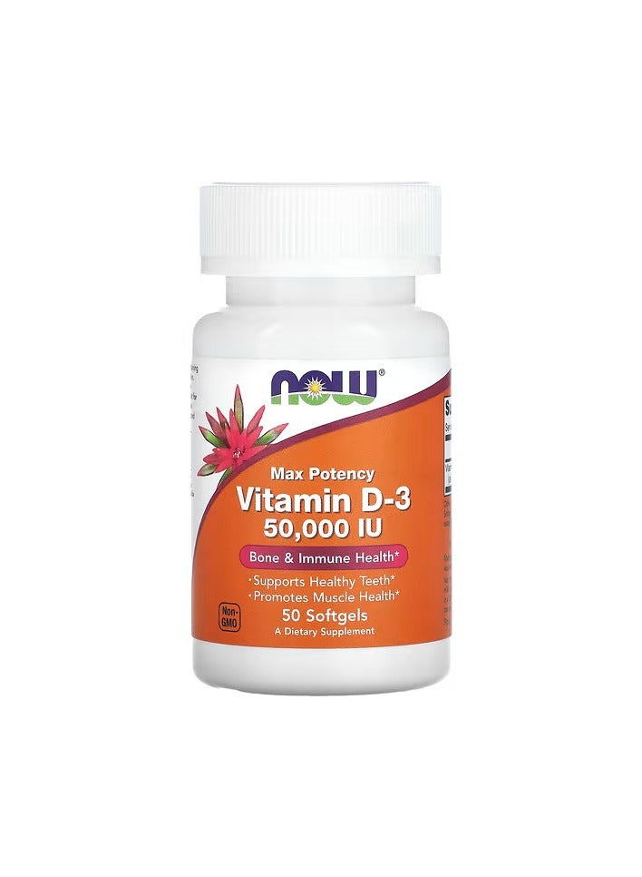 Now Foods Vitamin D-3, Max Potency, 50,000 IU, 50 Softgels - Image 1