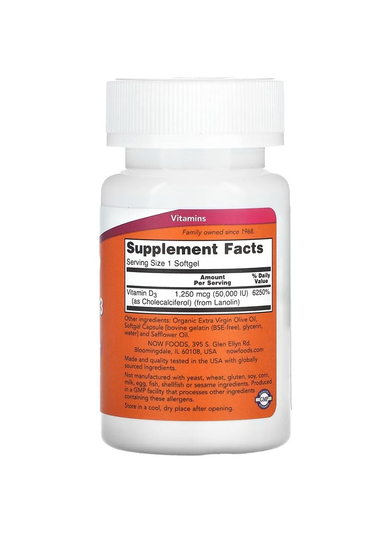 Now Foods Vitamin D-3, Max Potency, 50,000 IU, 50 Softgels - Image 2