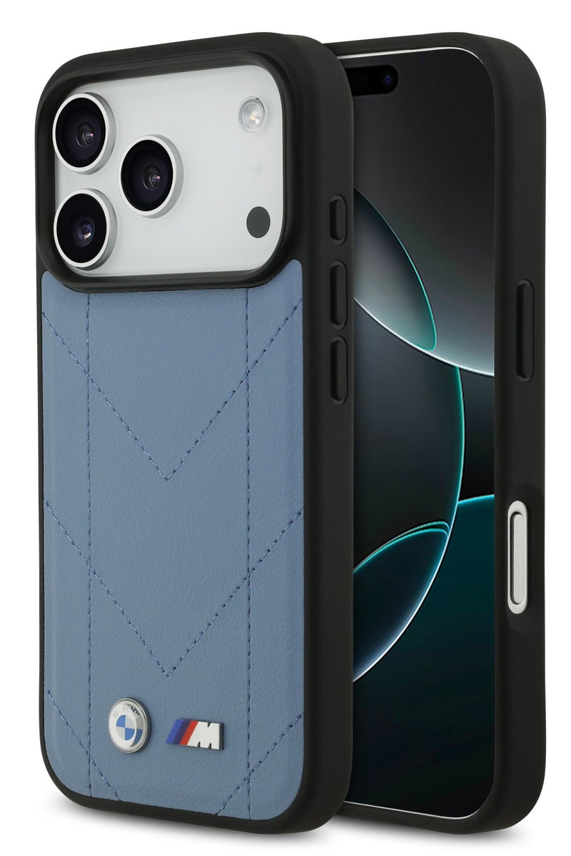 BMW iPhone 17 Pro MagSafe Case / PU Quilted  Leather Cover With Metal Logo / Blue - Image 2