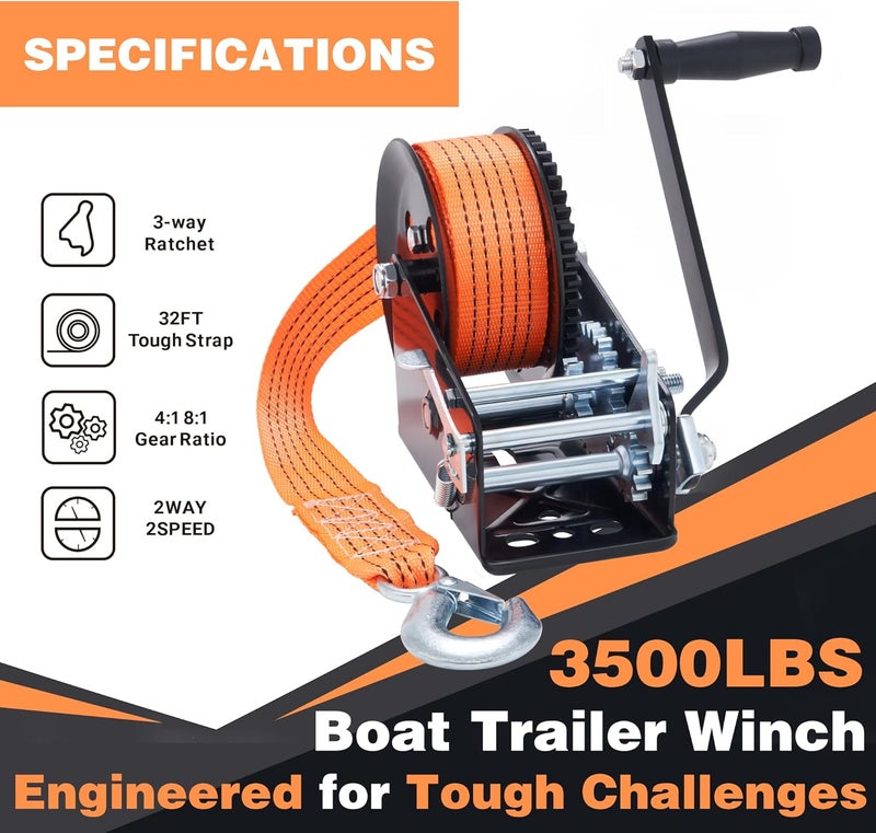 OPENROAD 3500LB Heavy Duty Boat Trailer Winch with 32FT Orange Strap and 2-Way Ratchet - Image 2