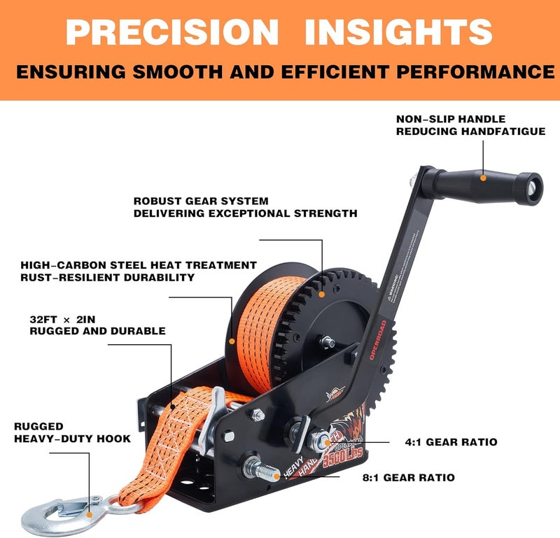 OPENROAD 3500LB Heavy Duty Boat Trailer Winch with 32FT Orange Strap and 2-Way Ratchet - Image 3