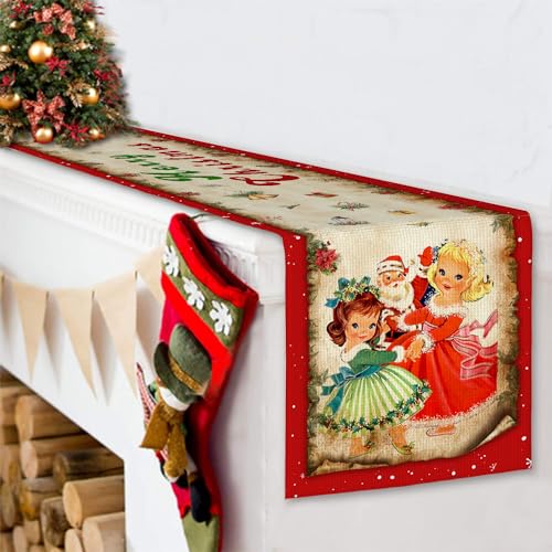 Racenaf Vintage Christmas Table Runner Christmas Decors-Red Vintage Style Santa Claus Girls Merry Christmas Winter Xmas Home Kitchen Dining Table Decor, Christmas Party Decors 13 x 72 Inch - Image 5