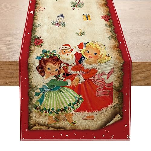 Racenaf Vintage Christmas Table Runner Christmas Decors-Red Vintage Style Santa Claus Girls Merry Christmas Winter Xmas Home Kitchen Dining Table Decor, Christmas Party Decors 13 x 72 Inch - Image 1