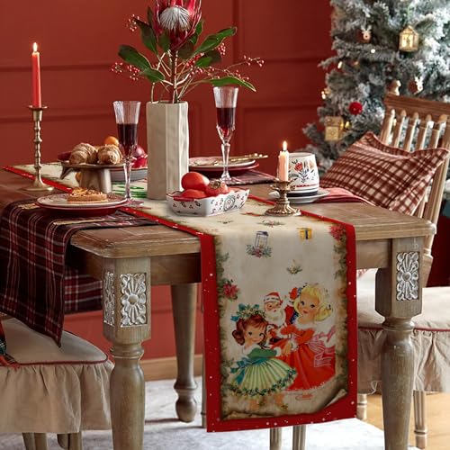 Racenaf Vintage Christmas Table Runner Christmas Decors-Red Vintage Style Santa Claus Girls Merry Christmas Winter Xmas Home Kitchen Dining Table Decor, Christmas Party Decors 13 x 72 Inch - Image 4
