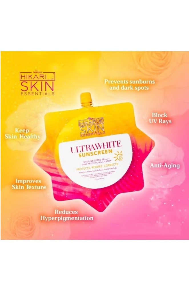 Hikari 2PCS Hikari Skin Essentials Ultra White Sunscreen - Whitening & Sun Protection 2-in-1, SPF50 Ultra-Lightweight Airy-Fit Formula, Moisturizing Gel, Fast Absorbing, Water-Resistant, 50ml/Box - Image 2
