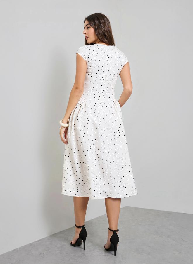 Styli Off White Polka Dot Print A-Line Midi Dress - Image 5