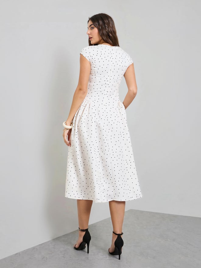 Styli Off White Polka Dot Print A-Line Midi Dress - Image 5