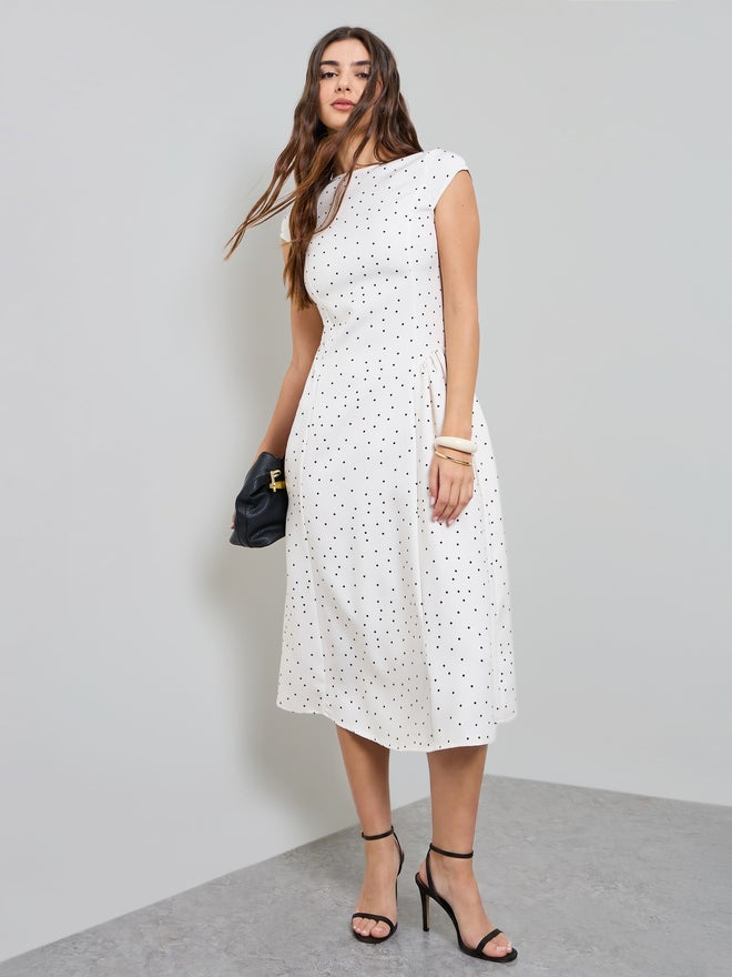 Styli Off White Polka Dot Print A-Line Midi Dress - Image 1