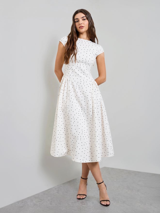 Styli Off White Polka Dot Print A-Line Midi Dress - Image 2