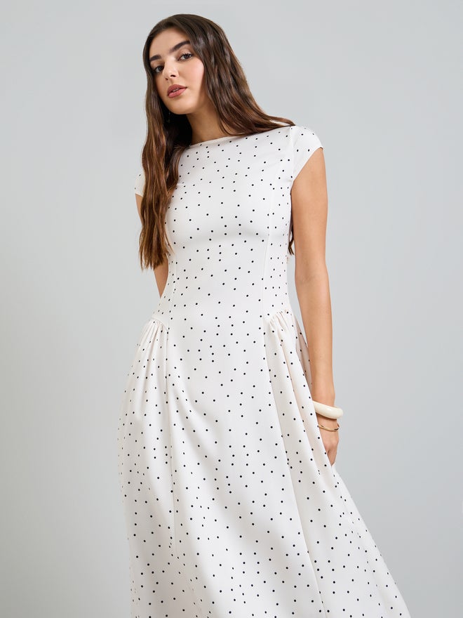 Styli Off White Polka Dot Print A-Line Midi Dress - Image 3
