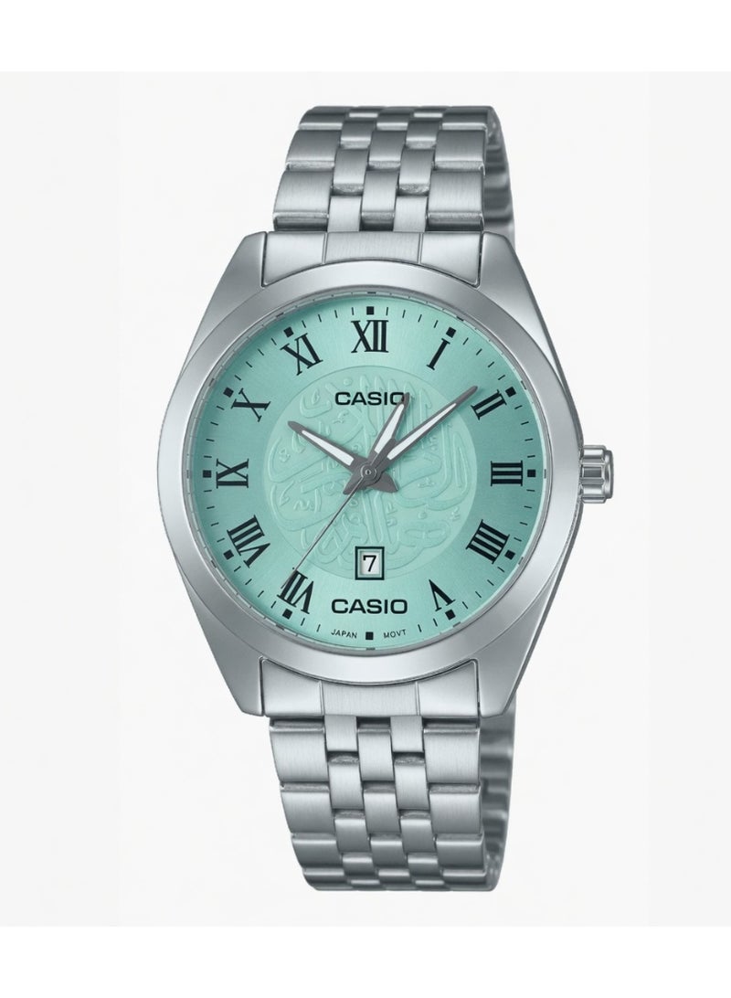 Casio Men's Classic Analog Watch - Turquoise Dial with Arabic Calligraphy, Roman Numerals, Stainless Steel Band - MTP-V004D-2B3