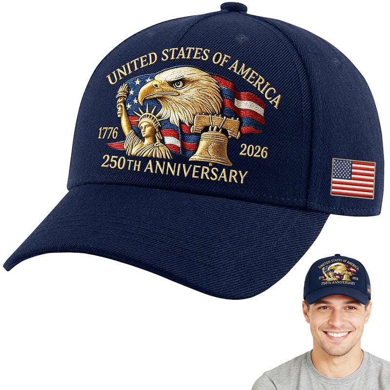 WOKALON 250 Anniversary USA Hat, Adjustable 250 Year American Anniversary Hat Navy Blue - Image 1