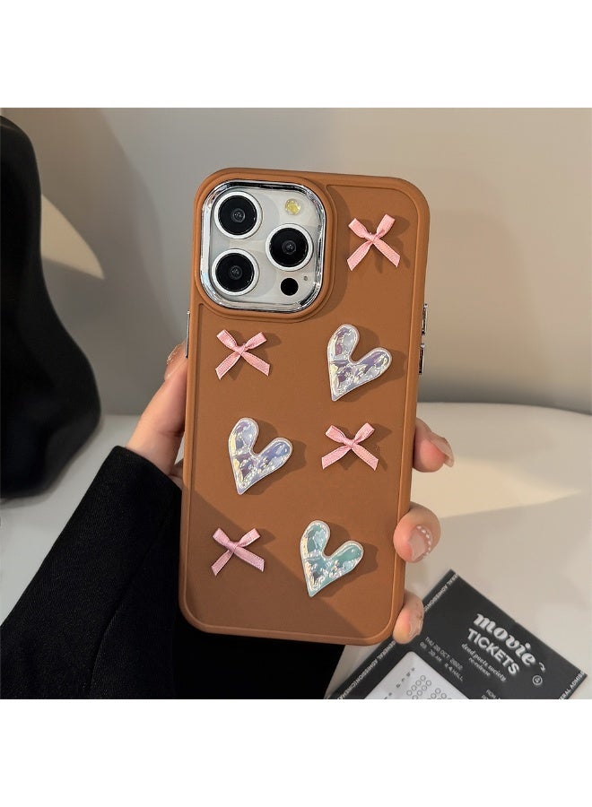 NIBEMINENT Pink Heart Shaped Bow Protective TPU Case Cover For iPhone 16 Pro, Brown