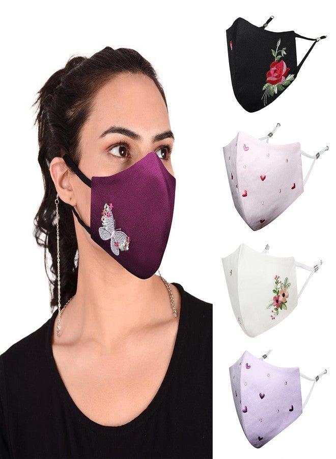 MASQ By Q-One 4 Layer Washable, Reusable, Size Adjustable, Anti-Bacterial (BFE>99%) Embroidered Cotton Cloth Face Mask Combo for Women, Girls with Detachable Chain & Ear Loops (Medium, Pack of 5) - Image 1