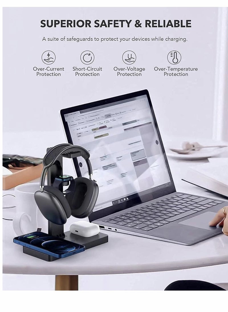 SYOSI Headphone Stand with 4 in 1 Wireless Charger with USB C Ports, Wireless Charging Station Dock for Apple Watch, Compatible iPhone 13/12/11 Series and All Headphone Sizes (Black) - Image 2