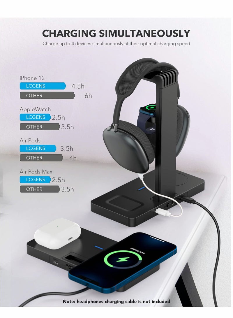 SYOSI Headphone Stand with 4 in 1 Wireless Charger with USB C Ports, Wireless Charging Station Dock for Apple Watch, Compatible iPhone 13/12/11 Series and All Headphone Sizes (Black) - Image 4