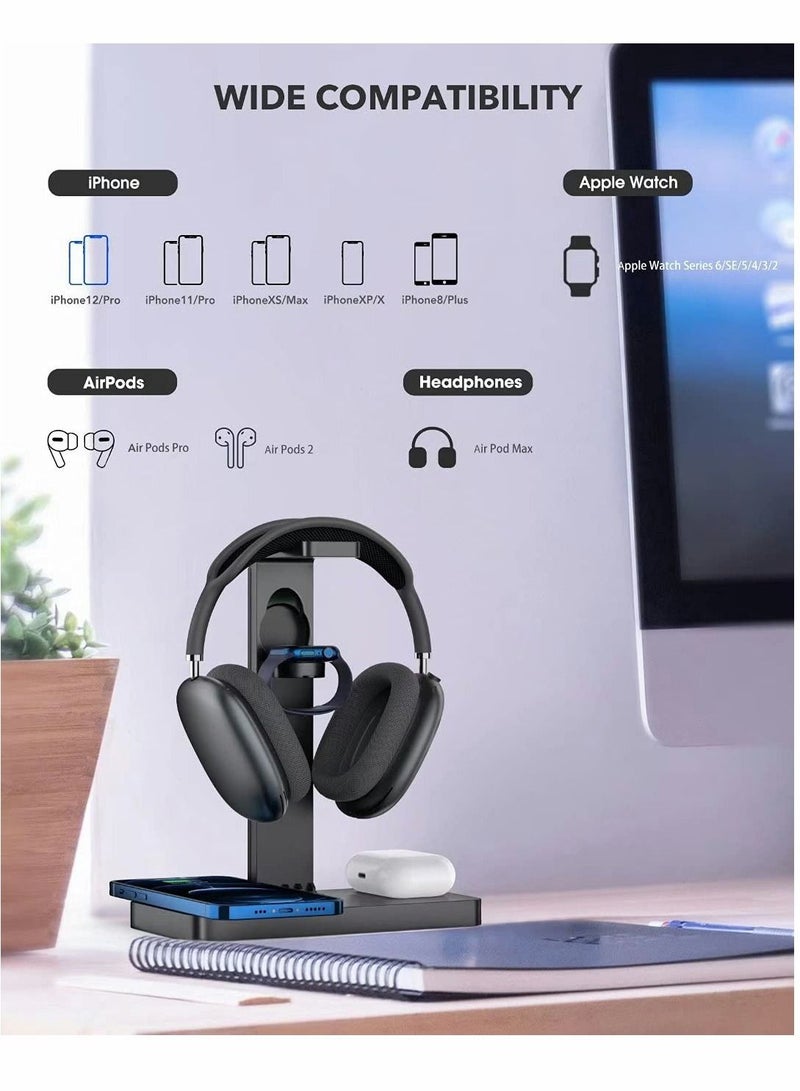 SYOSI Headphone Stand with 4 in 1 Wireless Charger with USB C Ports, Wireless Charging Station Dock for Apple Watch, Compatible iPhone 13/12/11 Series and All Headphone Sizes (Black) - Image 5