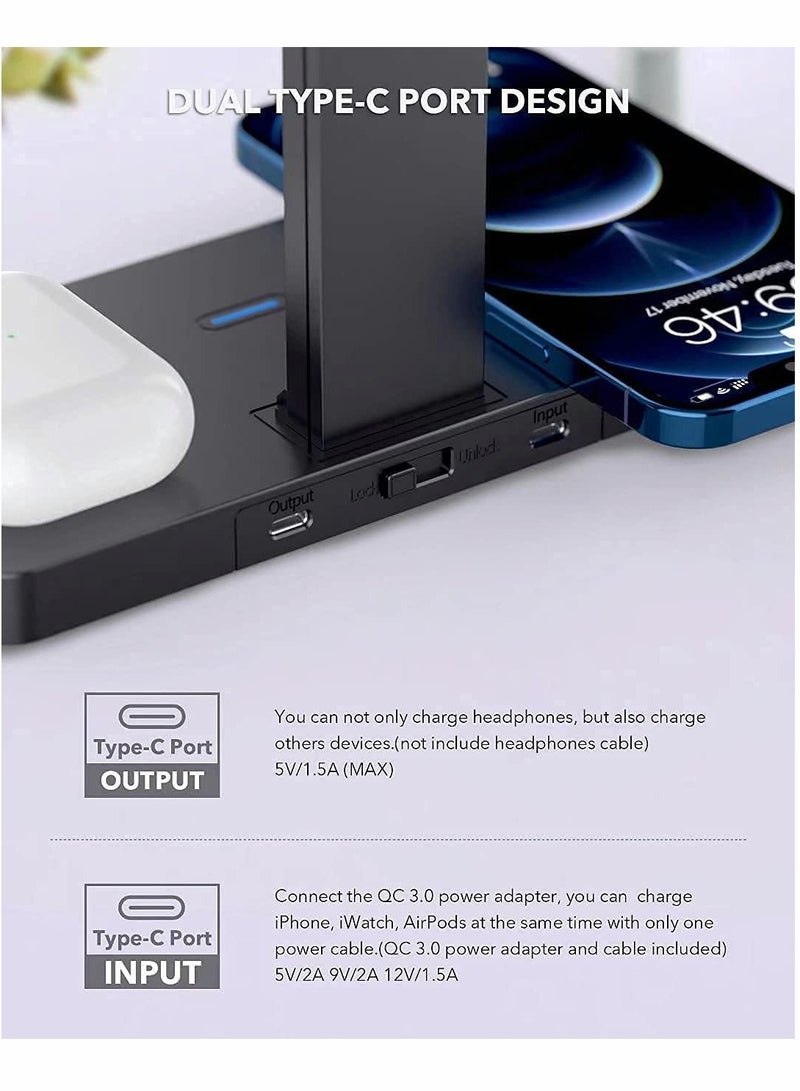 SYOSI Headphone Stand with 4 in 1 Wireless Charger with USB C Ports, Wireless Charging Station Dock for Apple Watch, Compatible iPhone 13/12/11 Series and All Headphone Sizes (Black) - Image 3