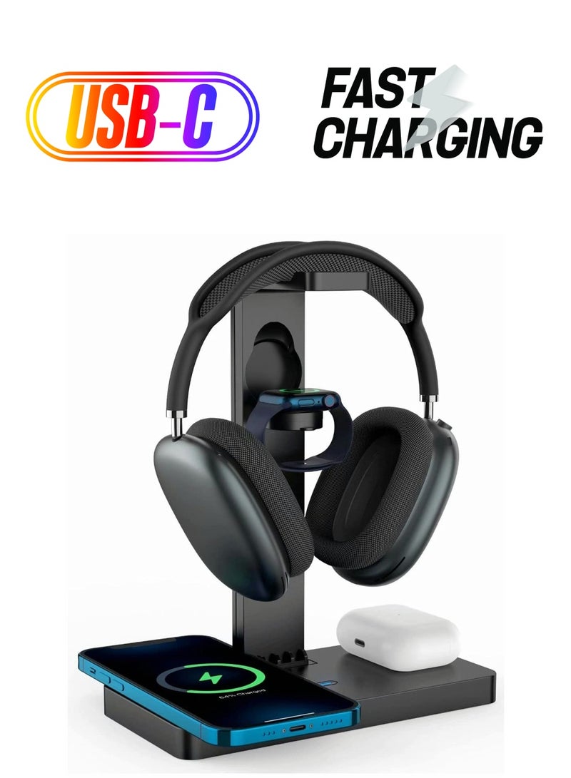 SYOSI Headphone Stand with 4 in 1 Wireless Charger with USB C Ports, Wireless Charging Station Dock for Apple Watch, Compatible iPhone 13/12/11 Series and All Headphone Sizes (Black) - Image 1