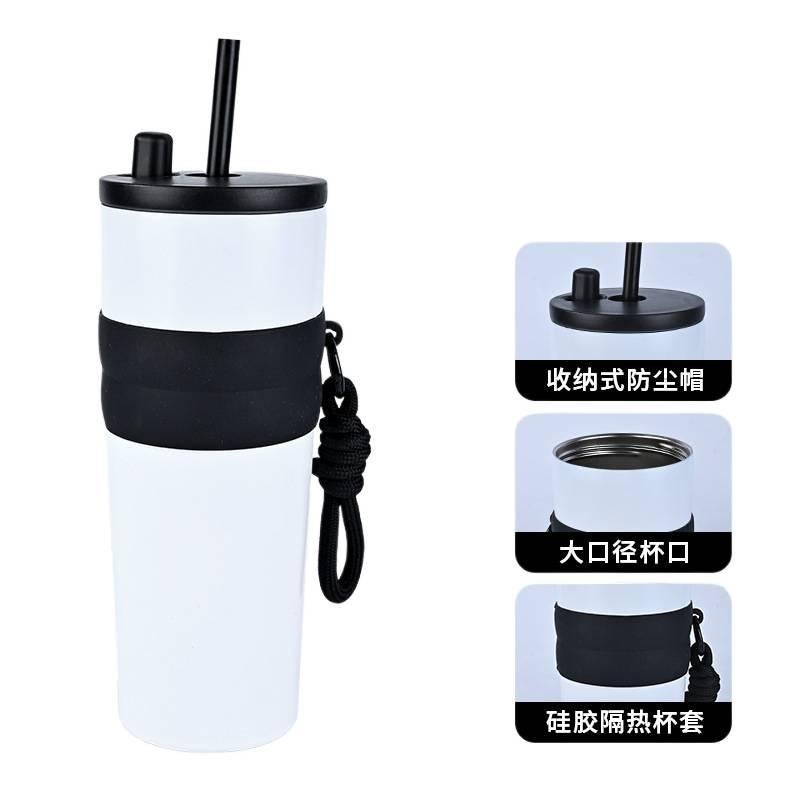710 ml Stainless Steel Coffee Mug Straw Lid with Grab Handle - Image 1