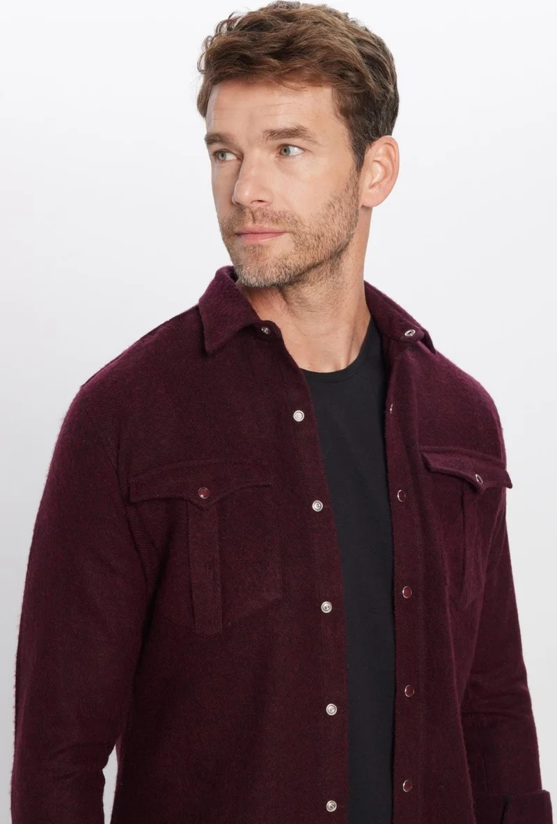 Tudors Men's Slim Fit Slim Fit Lumberjack Double Pocket Flap Plain Burgundy Winter Shirt