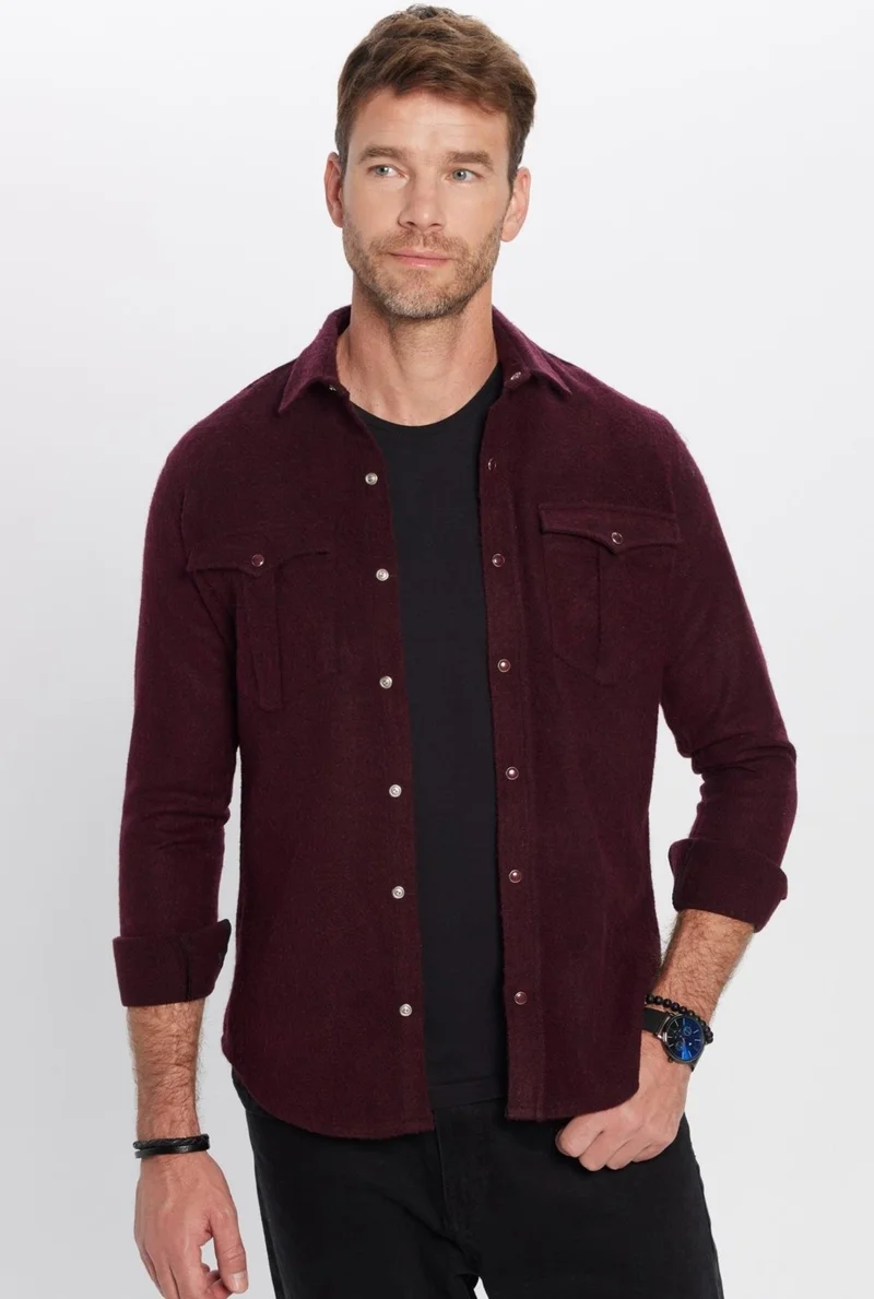 Tudors Men's Slim Fit Slim Fit Lumberjack Double Pocket Flap Plain Burgundy Winter Shirt