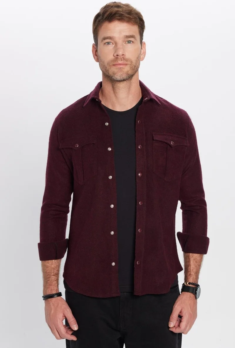 Tudors Men's Slim Fit Slim Fit Lumberjack Double Pocket Flap Plain Burgundy Winter Shirt