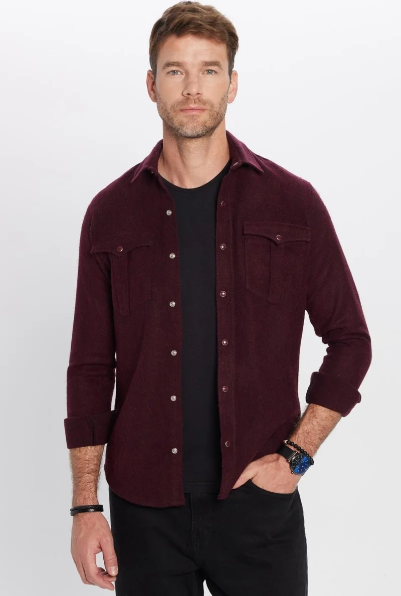 Tudors Men's Slim Fit Slim Fit Lumberjack Double Pocket Flap Plain Burgundy Winter Shirt
