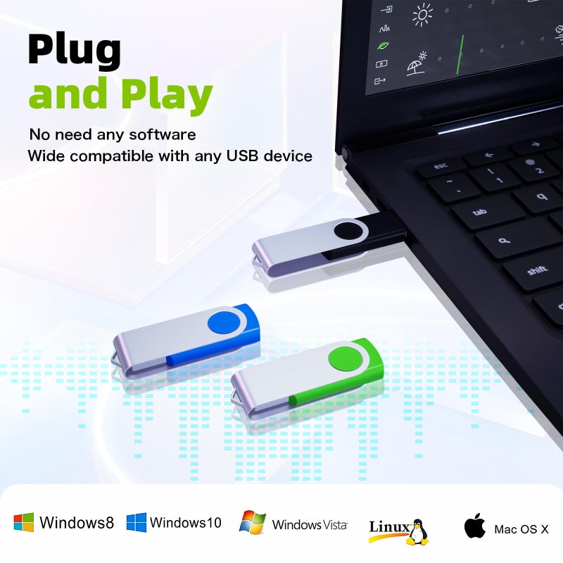 Wooolken 64GB Flash Drive 10 Pack, Wooolken USB 2.0 Thumb Drive Bulk Pen Drive Metal Swivel Memory Stick 64GB 10 Colors Multipack Value Zip USB Drives with Lanyard - Image 3