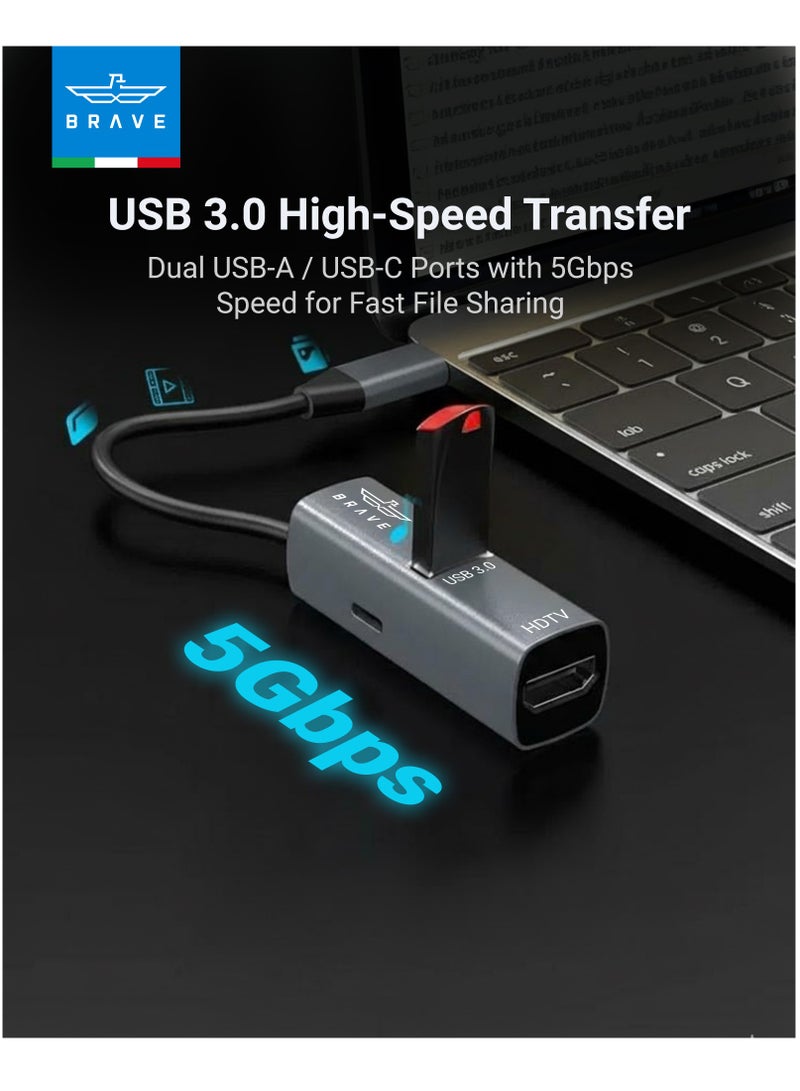 Brave 3-in-1 USB-C Hub Adapter – Ultra-Compact Aluminum Multiport Dongle with 4K HDMI Output, 100W PD Fast Charging, USB 3.0 5Gbps Data Transfer – Compatible with MacBook Pro/Air, Mac Pro, iMac, iPad Pro, Dell, HP, Lenovo, Surface, Chromebook & All USB-C Laptops - Image 3
