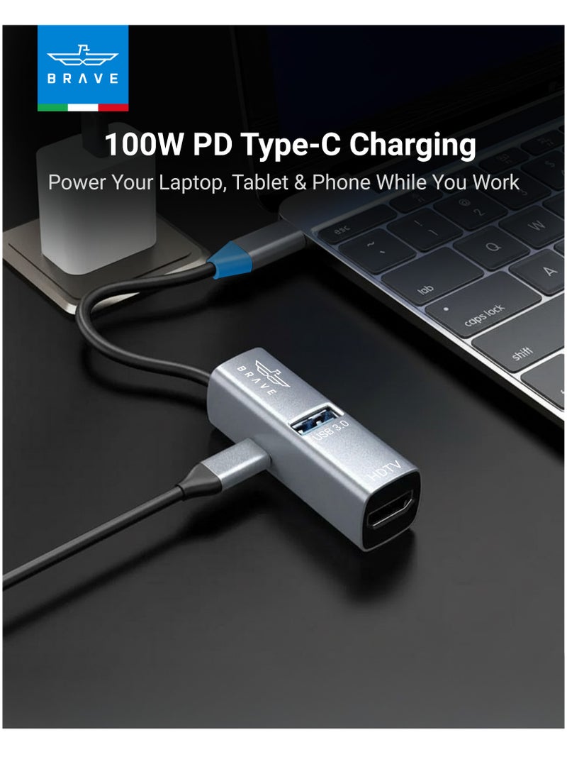 Brave 3-in-1 USB-C Hub Adapter – Ultra-Compact Aluminum Multiport Dongle with 4K HDMI Output, 100W PD Fast Charging, USB 3.0 5Gbps Data Transfer – Compatible with MacBook Pro/Air, Mac Pro, iMac, iPad Pro, Dell, HP, Lenovo, Surface, Chromebook & All USB-C Laptops - Image 4