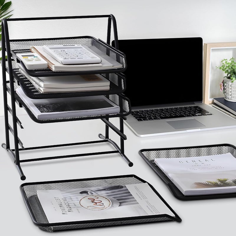 SKY-TOUCH 5 Tier Paper Tray : Desktop Organizer File Storage With Sliding Tray Stackable File Rack Metal Mesh Letter Trays For Office Study Room School Desktop Organization (Black) - Image 4