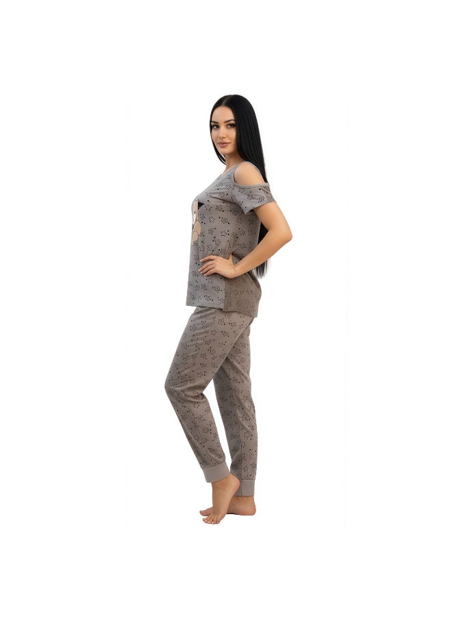 JOANNA Women's Stars Print Off Shoulder Shirt & Long Pants Pajama Set, Light Grey - Image 4