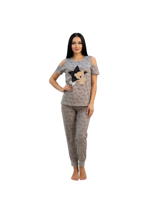JOANNA Women's Stars Print Off Shoulder Shirt & Long Pants Pajama Set, Light Grey - Image 1
