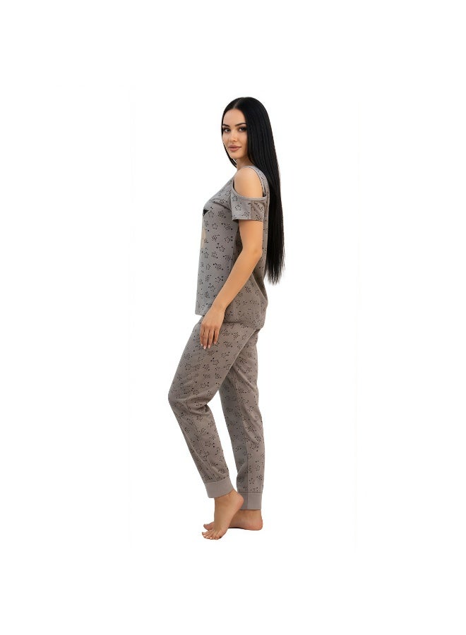 JOANNA Women's Stars Print Off Shoulder Shirt & Long Pants Pajama Set, Light Grey - Image 3