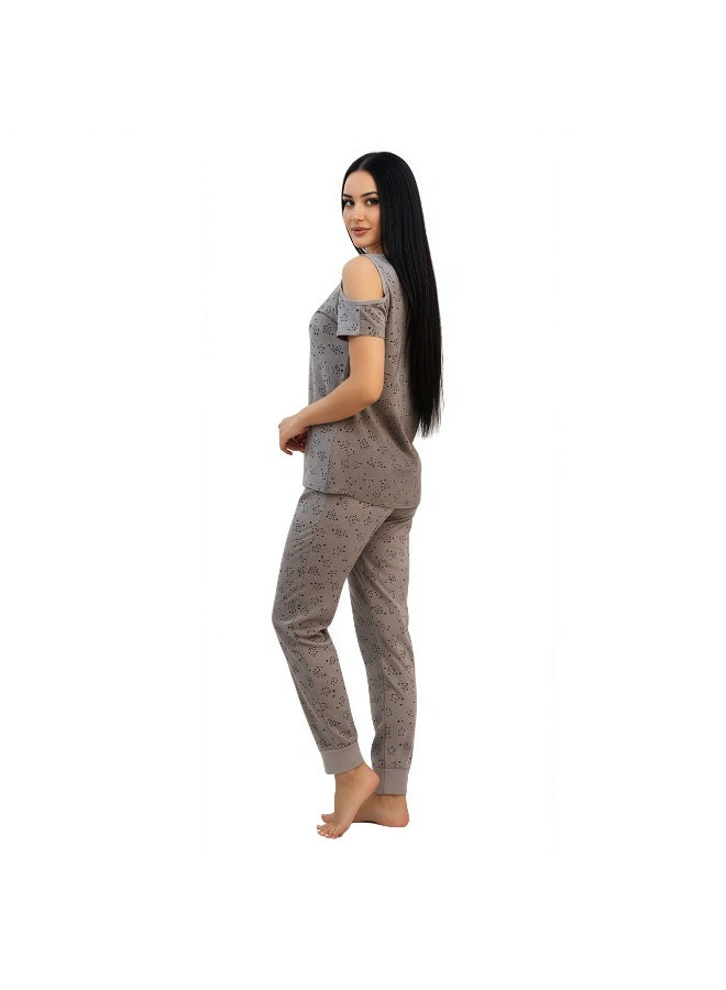 JOANNA Women's Stars Print Off Shoulder Shirt & Long Pants Pajama Set, Light Grey - Image 5