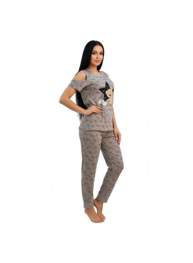 JOANNA Women's Stars Print Off Shoulder Shirt & Long Pants Pajama Set, Light Grey - Image 2