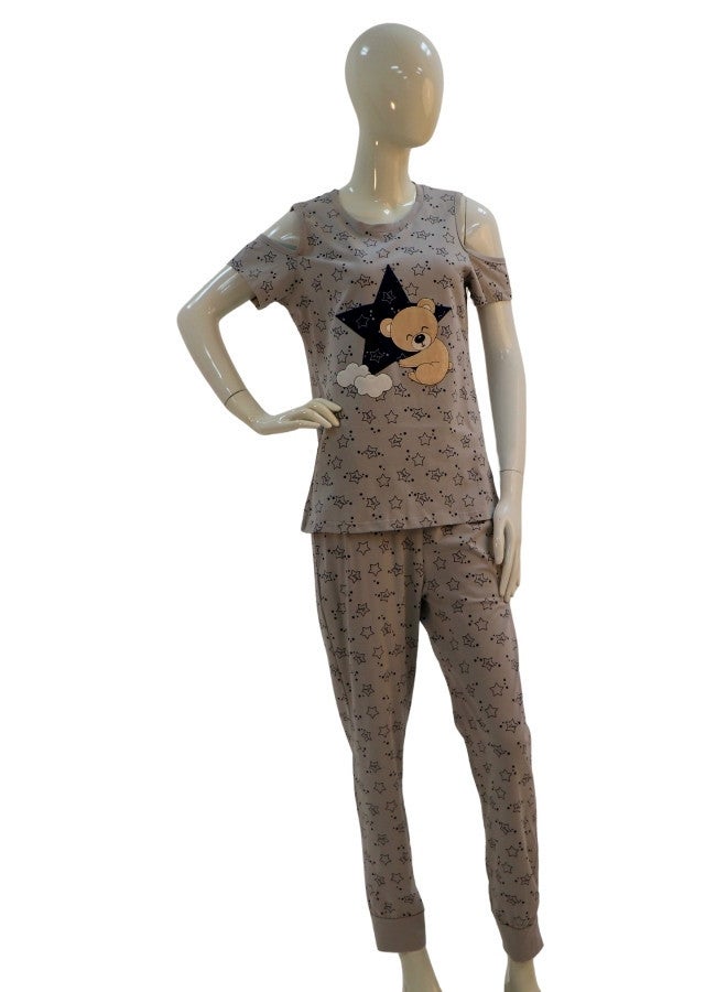 JOANNA JOANNA Women's Stars Print Off Shoulder Shirt & Long Pants Pajama Set, Light Grey - Image 1