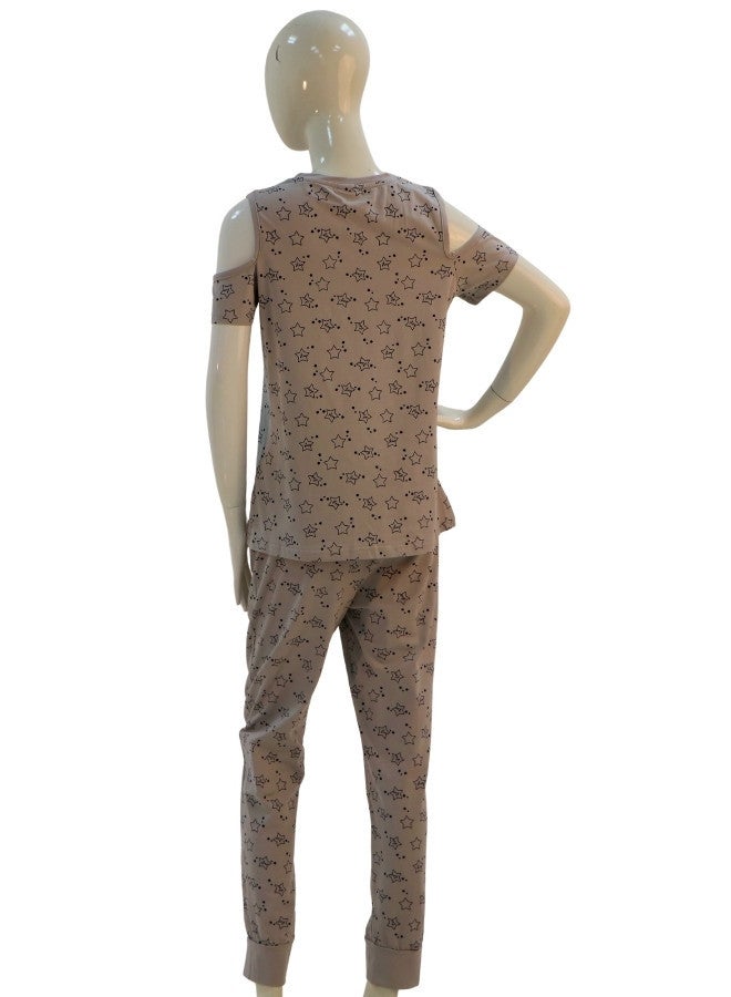 JOANNA JOANNA Women's Stars Print Off Shoulder Shirt & Long Pants Pajama Set, Light Grey - Image 5