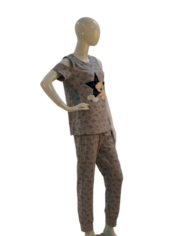 JOANNA JOANNA Women's Stars Print Off Shoulder Shirt & Long Pants Pajama Set, Light Grey - Image 4