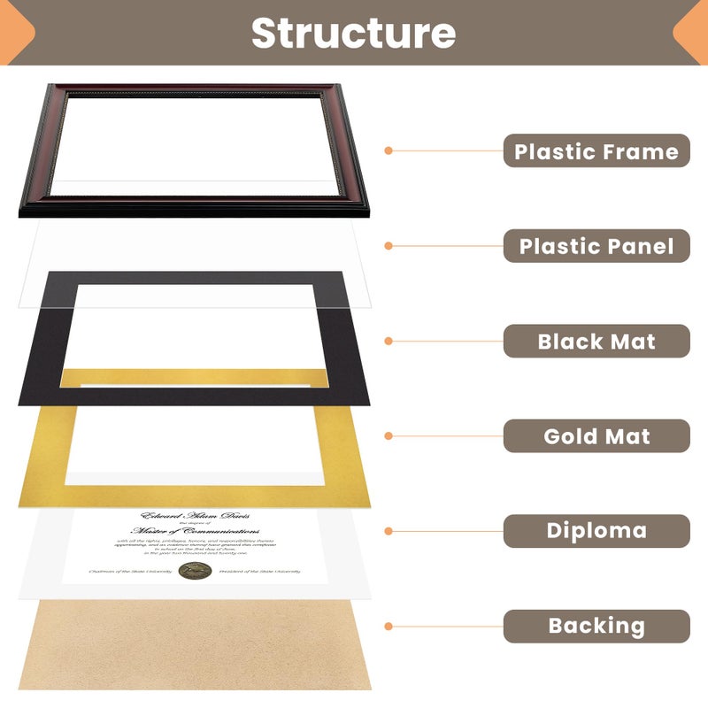 upsimples Diploma Frame 8.5 x 11 with Mat, Certificate Degree Document Frame, Displays Diploma Frame 11x14 without Mat, Classic Wood Grain with Gold Beading, Includes Black & Gold Mats, 1 Pack - Image 3