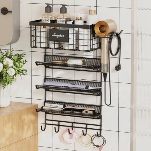 Magheo Hair Dryer Holder Wall Mounted, Adheisve Hair Styling Tool Organizer for hair Brush/Appliance Wall Mount with 5 Tier Shelf Basket Hooks Blow Dryer and Straightener Holder for Bathroom(Black) - Image 1