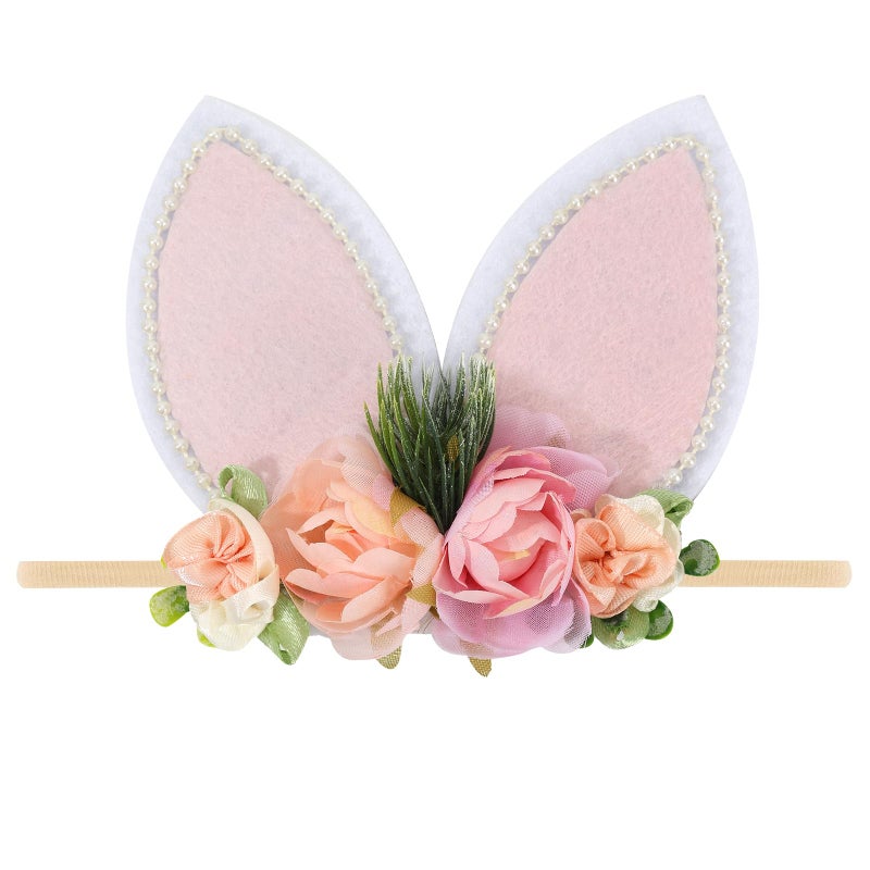 DNTYUISS Easter Bunny Headband for Baby Girl, Floral Nylon Elastic Hair Band with Flower Bow, Newborn Infant Toddler Easter Hair Accessories (White) - Image 1
