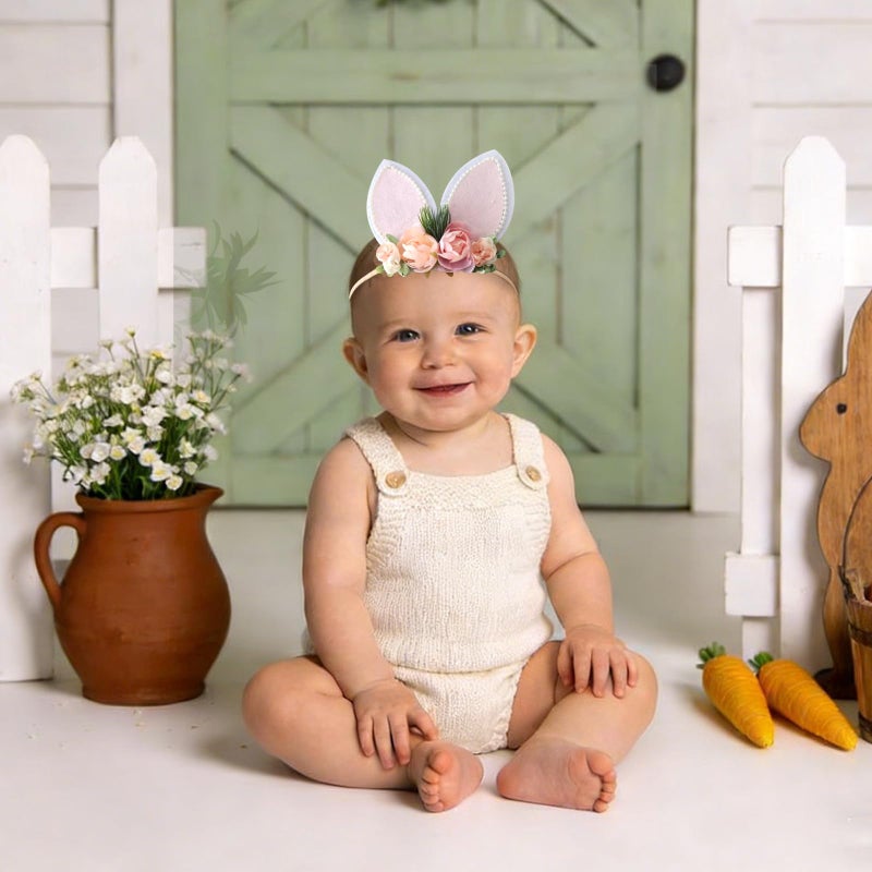 DNTYUISS Easter Bunny Headband for Baby Girl, Floral Nylon Elastic Hair Band with Flower Bow, Newborn Infant Toddler Easter Hair Accessories (White) - Image 3
