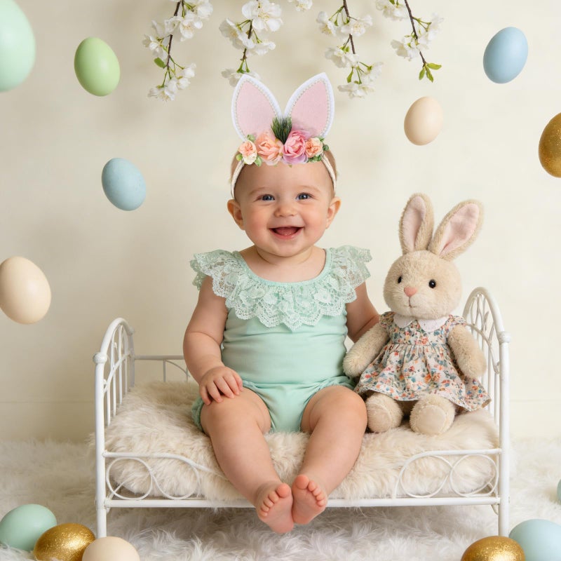 DNTYUISS Easter Bunny Headband for Baby Girl, Floral Nylon Elastic Hair Band with Flower Bow, Newborn Infant Toddler Easter Hair Accessories (White) - Image 4