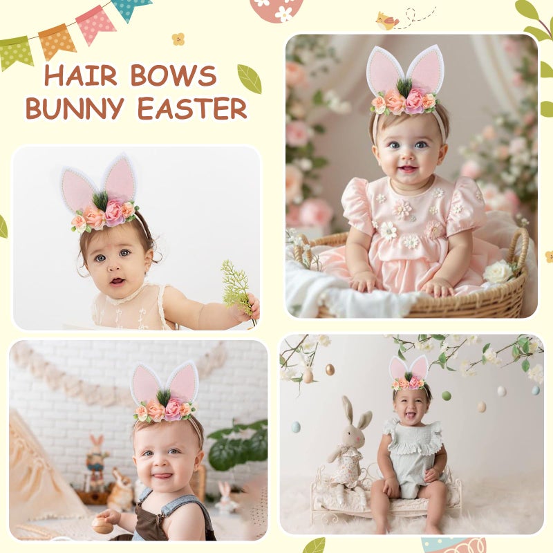 DNTYUISS Easter Bunny Headband for Baby Girl, Floral Nylon Elastic Hair Band with Flower Bow, Newborn Infant Toddler Easter Hair Accessories (White) - Image 5