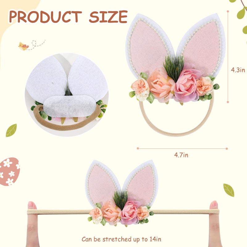 DNTYUISS Easter Bunny Headband for Baby Girl, Floral Nylon Elastic Hair Band with Flower Bow, Newborn Infant Toddler Easter Hair Accessories (White) - Image 2