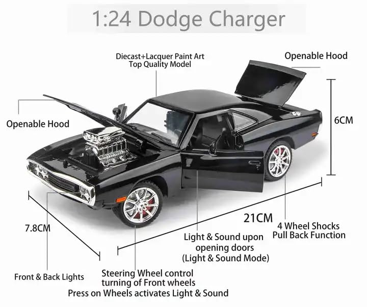 VARIYA ENTERPRISE® 1/24 Big Fast and Furious 7 Toy Car Metal Pull Back Diecast Car with Openable Door and Sound Light, Gifts Toys for Kids【 Black 】 - Image 2